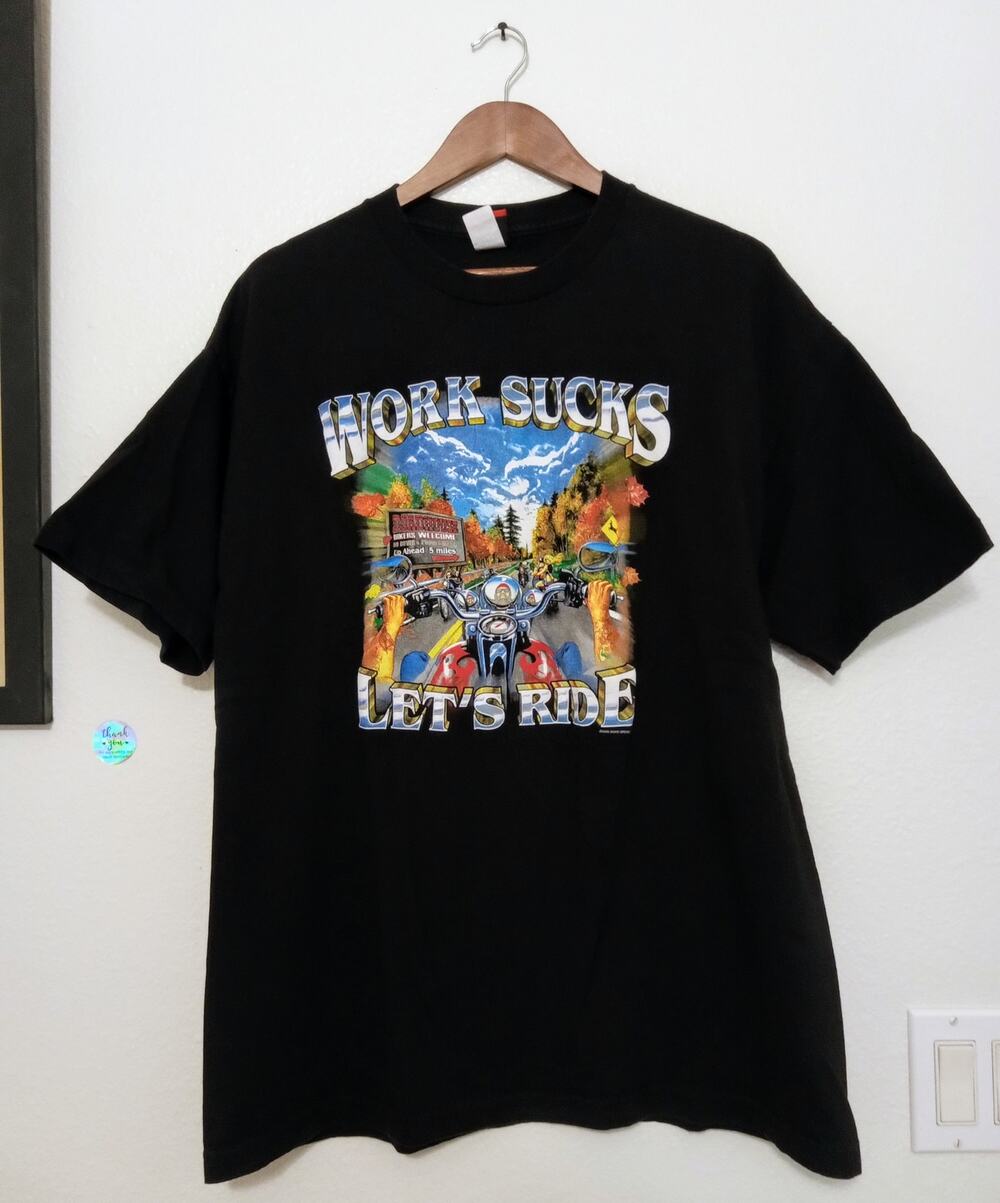 Hot Leathers Unisex Biker T-Shirt Work Sucks Lets Ride Graphic Motorcycle SZ XL